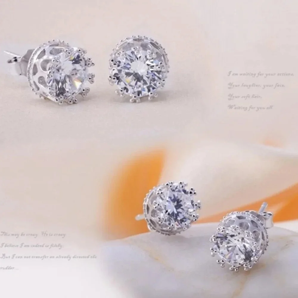 NEW 3 ctw 18k White Gold S925 Crown Stud Diamond Simulate‎ Earrings